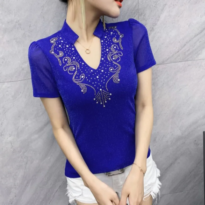 

#7165 Yellow Blue Short Sleeve T Shirt Women V-neck Diamonds Sexy Skinny Mesh T-shirt Femme Thin Women Tops Summer T Shirt