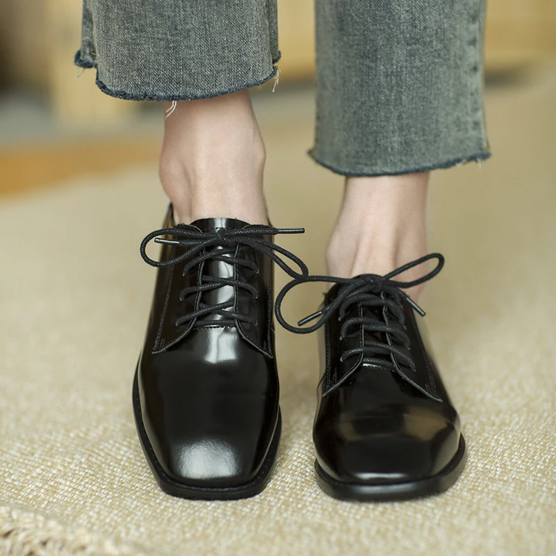 

Square Toe Low Heels Casual Shoes Women Pumps Genuine Leather Derby Lace-Up Thick Heel Ladies Shoes Woman Daily Shoes Handmade