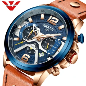 Часы наручные NIBOSI мужские спортивные, брендовые Роскошные модные в стиле милитари, с кожаным ремешком, с хронографом