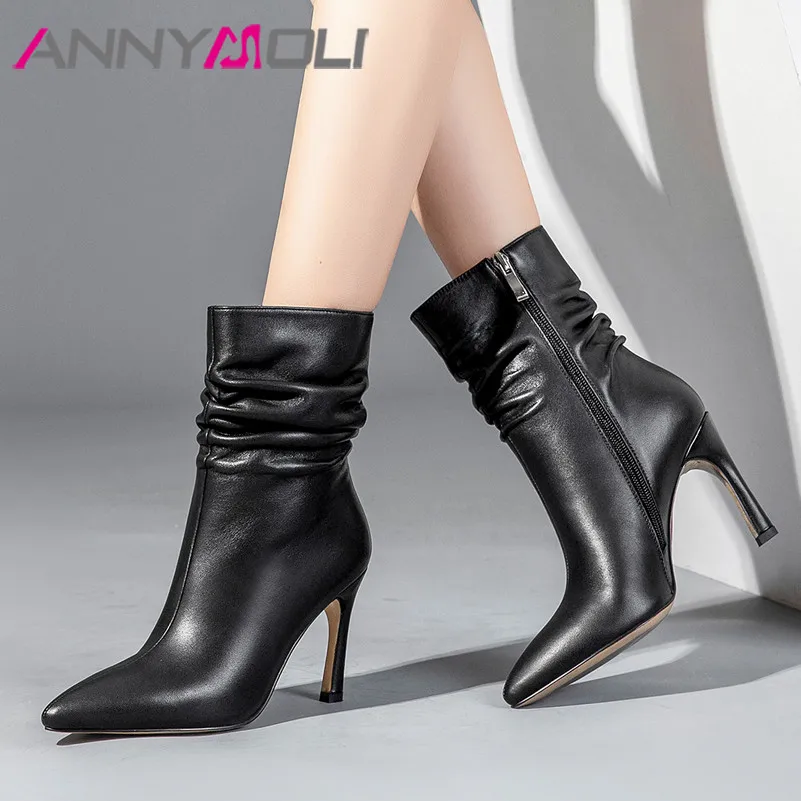 ANNYMOLI Winter Ankle Boots Women Natural Genuine Leather Zip Thin Heel Short Pleated Extreme High Shoes Lady | Обувь