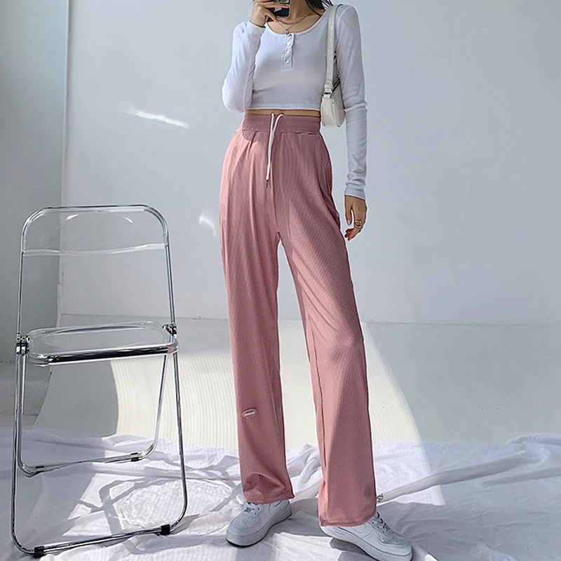 

Women Slacks Summer Pants Soft Ice Silk Ankle-Length Black Wide Leg Pants Fashionable Casual Loose Women High Waisted Trousers