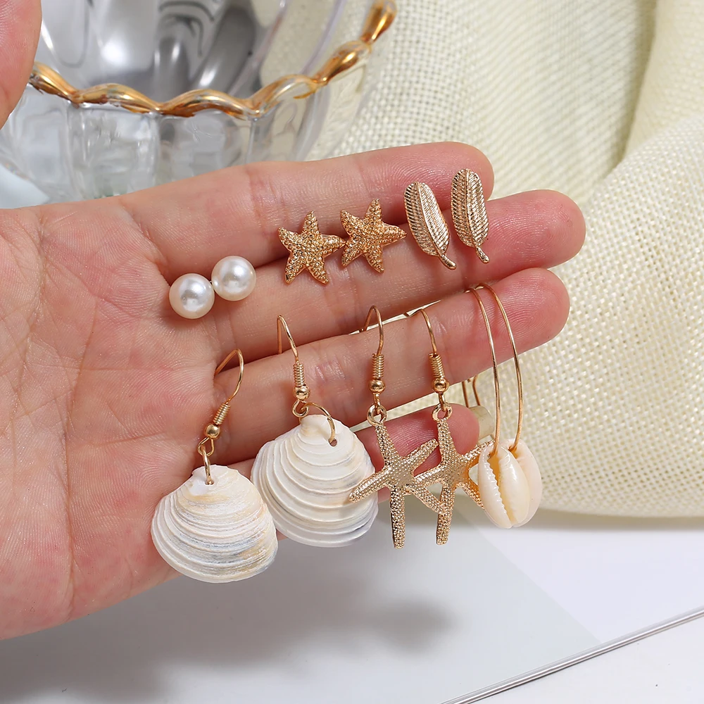 

Clothing Accessories Fashion Creative Geometric Set Charm Earrings With Faux Pearl Metal Embossed Leaves Starfish Shell Earrings