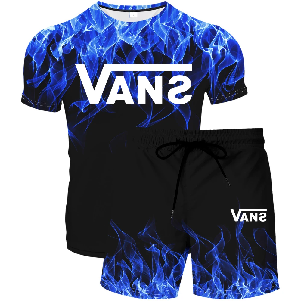 

2021 summer new men's 3D printing flame O-neck T-shirt + beach pants 2-piece leisure sports fitness running clothes quick-drying