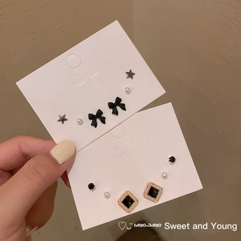 

S925 Black Palace Style Pearl Bow Earrings Set Temperament Retro Hong Kong Style Fashion Earrings Trend