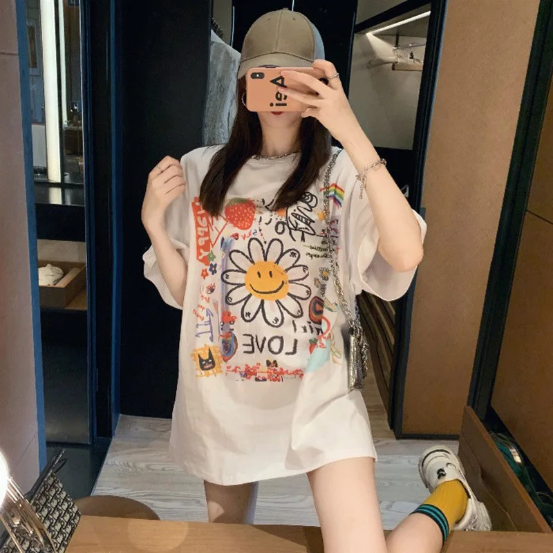 

Korean Version Of 2021 Summer New White Colored Short-sleeved Mid-length Loose Casual Cartoon Pattern T-shirt Short-sleeved
