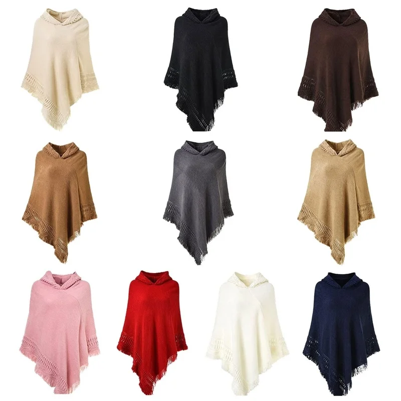 

2021 New Women Winter Knit Hooded Poncho Cape Crochet Fringed Tassel Shawl Wrap Sweater