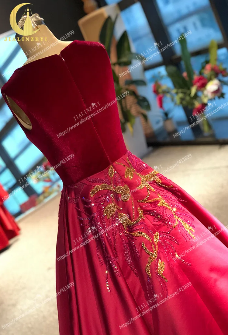 Rhine Real V neck Velvet With Gold Beads A-line Satin Party Dress فساتين السهرة Evening Dress Long Formal Dresses