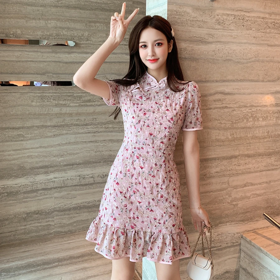 

Xiaoyangjia Fresh Flowers Floral Flounce Modified Girl Cheongsam Retro Chinese Style Chiffon Dress