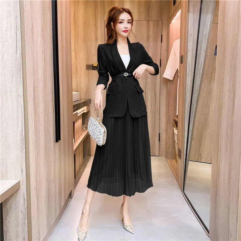 

2021 New Spring Summer Casual Women Suits Office Sets Suit Women Blazer And Mesh Mid Skirts Suits For Women Blazer Set