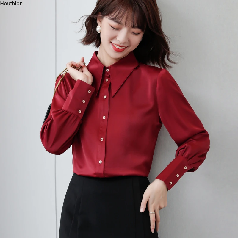 

Шелковые атласные свободные женские рубашки, новые модные блузки, повседневные блузы с длинным рукавом, однотонные рубашки-поло с воротник...