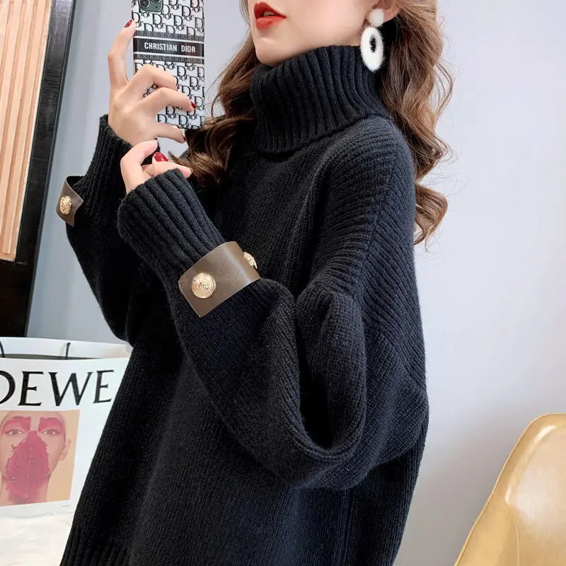 

Fashion Thick High Collar Black Knitted Sweater Women Tops Autumn Winter Loose 3 Color Knitted Turtleneck Pullover Ladies Jumper