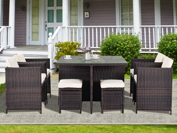 9 Piece Outdoor Furniture Rattan Conversation Set with Cushions Patio Rattan Dining Set 1 Table+4 Chairs+4 Ottomans[US-Stock]