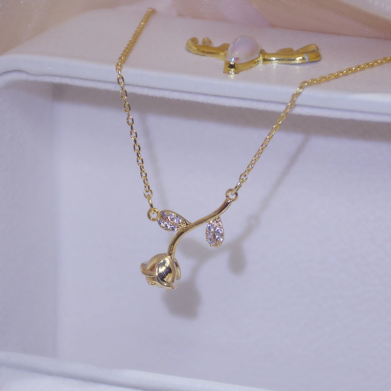

Vintage Elegant 14k Real Gold Rose Flower Charming Temperament Necklace for Women High Quality Jewelry Chain AAA Zirconia Party