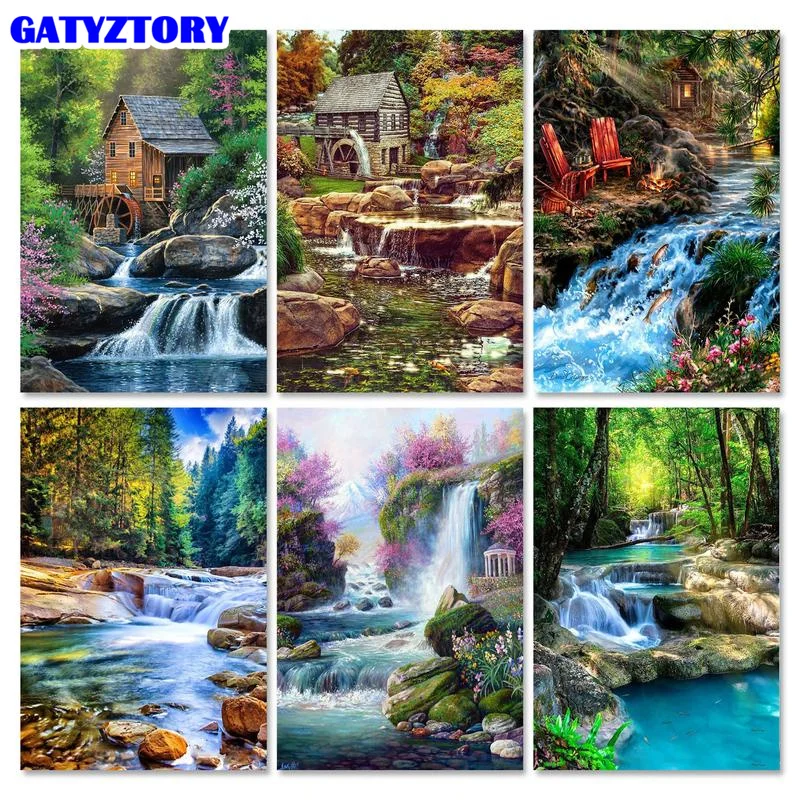 

GATYZTORY Paint By Number Waterfall DIY Oil Coloring Painting Pictures By Numbers Landscape Kits Hand Painted On Canvas Gift Ho