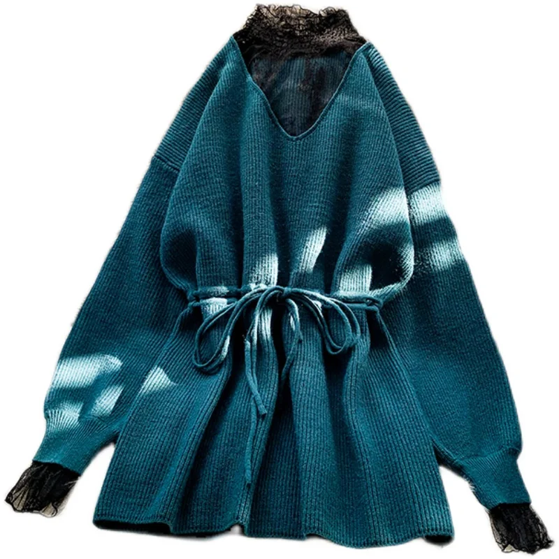 

Oversized 4XL Lace Patchwork Knitted Women Sweater And Pullovers Winter New Lantern Sleeved Drawstring Slim Lady Pulls Tops
