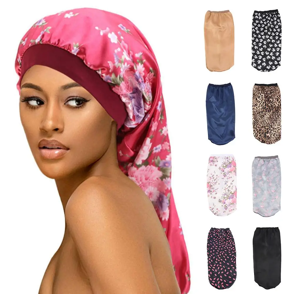 

Women Floral Leopard Wide Brim Satin Long Tail Night Sleeping Cap Hair Care Hat