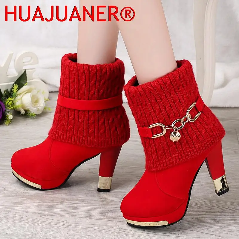 

HUAJUANER Winter Shoes Woman Boots High Heel Boots Laydies Black Red Botas Mujer Christmas Bota Feminina Plus Size 35-43