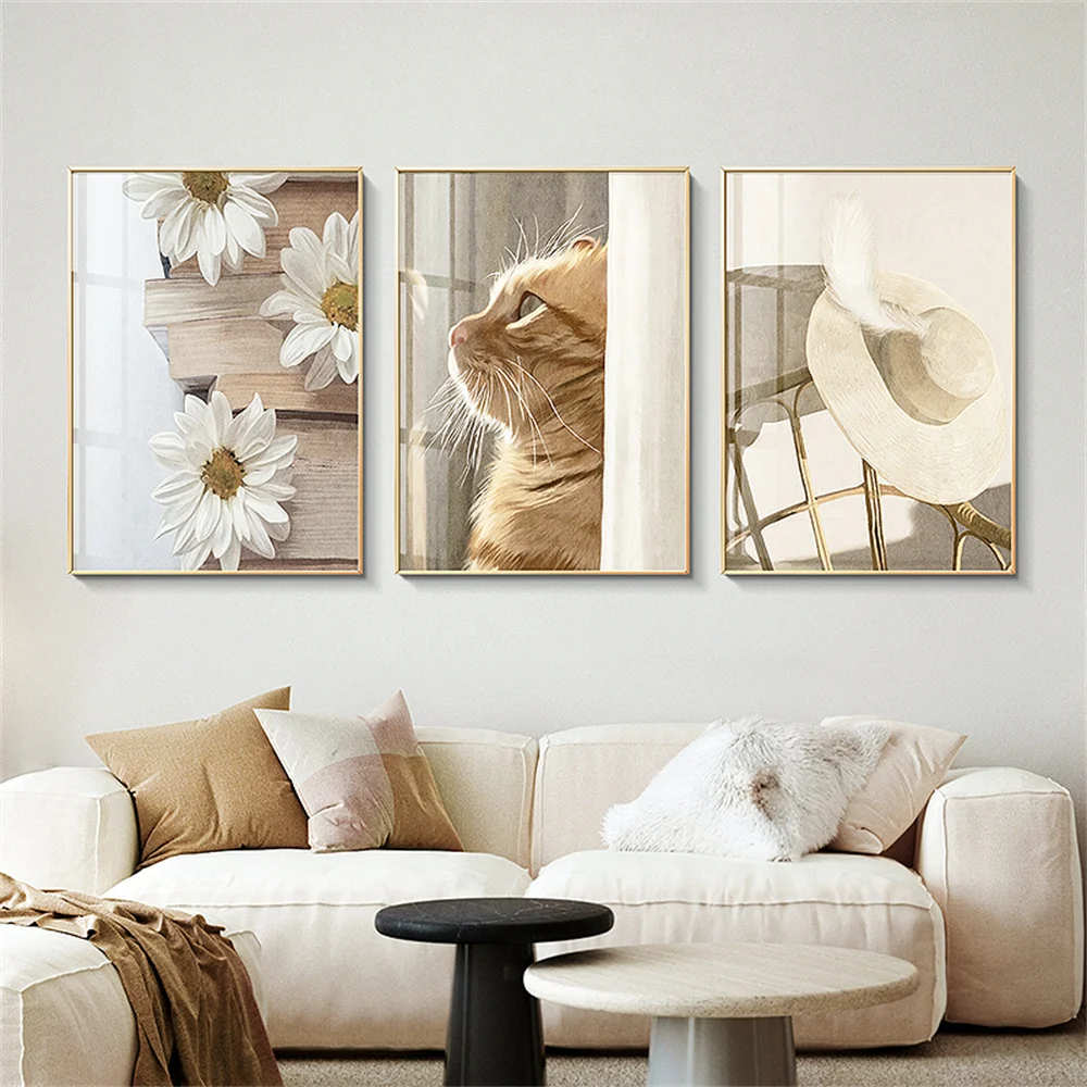 

Cat Leaf Flower Plant Wall Art Print Chrysanthemum Book Canvas Painting Cap Coffee Quality Time Poster Nordic Picture Home Decor