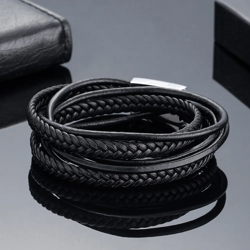 Fashion Black Genuine Leather Buddha Bracelet Stainless Steel Clasp Multi Layer Braid Rope Chain Wristband Vintage Gifts | Украшения и