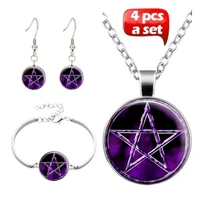 4pcsset new fashion handmade glass witchcraft purple pentagram pendant choker necklace bracelet earrings for women jewelry