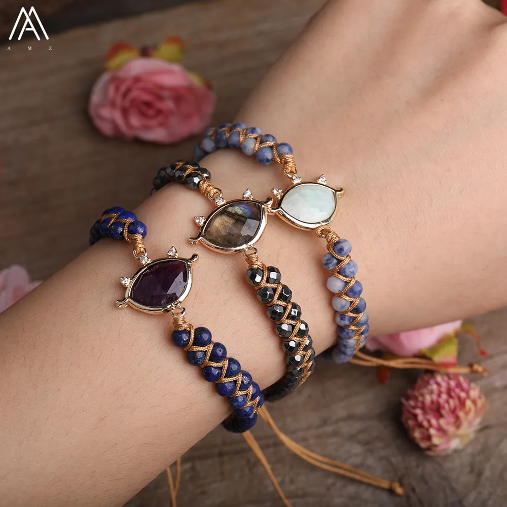

Natural Stone Beads Healing Charms 4mm Amethysts Quartz Amazonite Lapis Iron Stone Beads Knotted Braided Yoga Bracelet For Women
