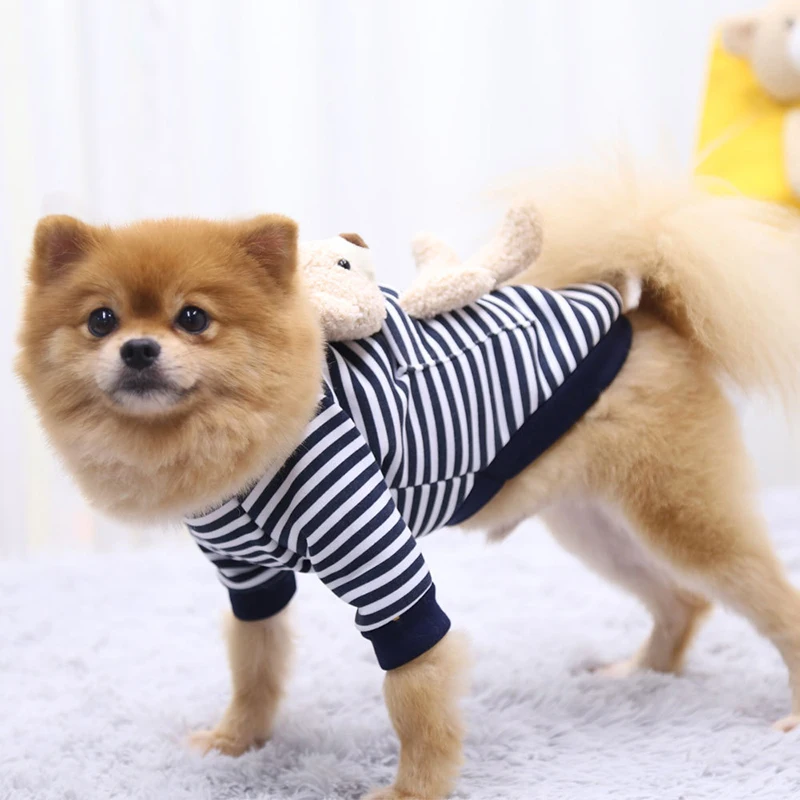 Autumn Winter Dog Clothes With Cute Plush Bear Puppy Striped Hoodie Fashion Pet Sweater Cartoon Casual Supplies | Дом и сад
