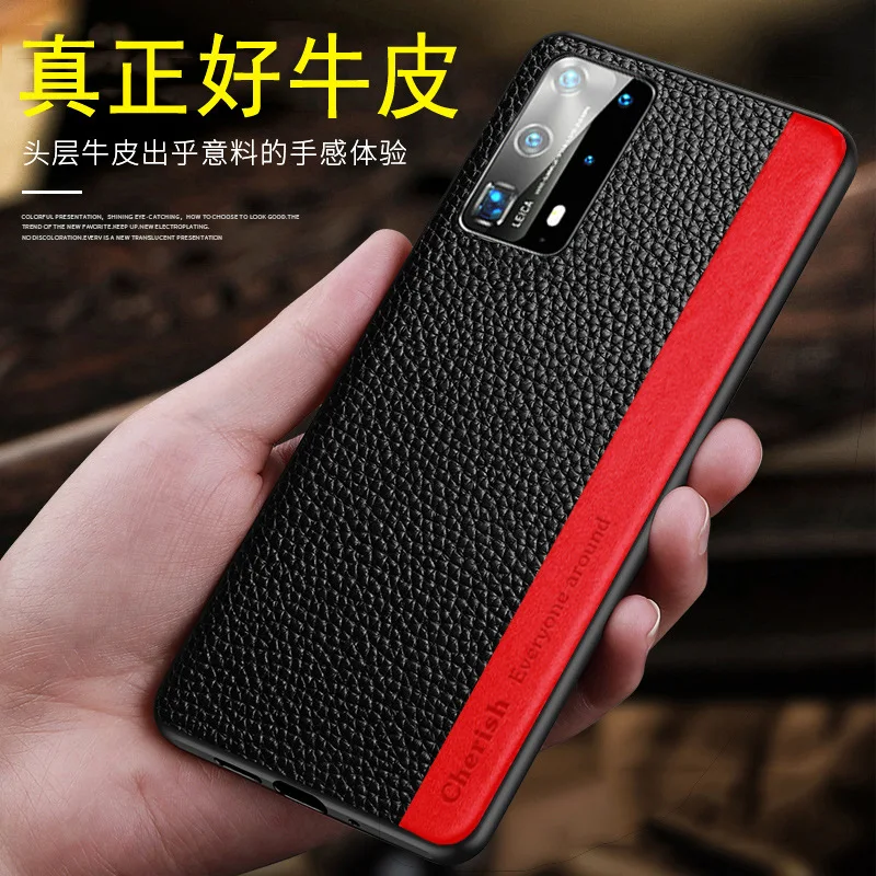 

Luxury Ultra Thin Genuine Cow Leather Back Cover For Huawei P30 P40 Pro Full Grain Leather Color Contrast Full Protection Case