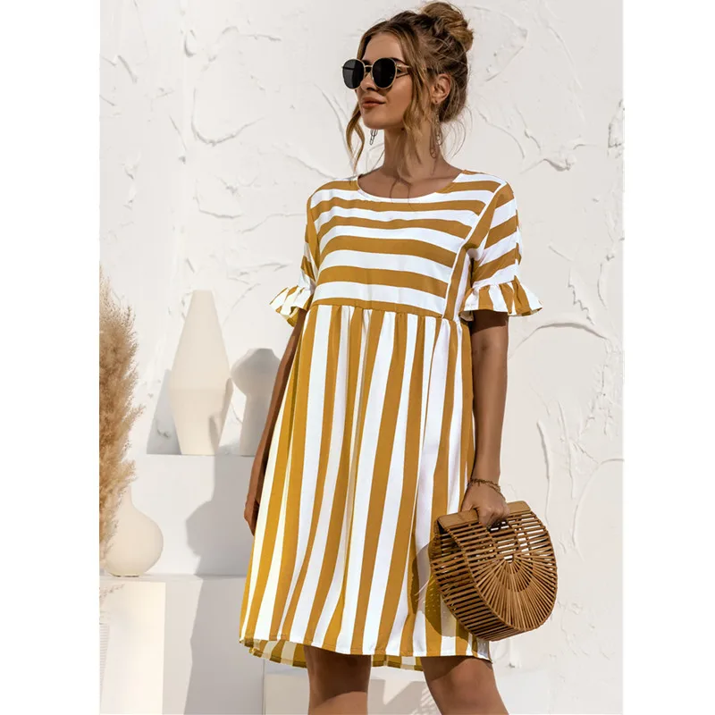 

2021 Summer New Fashion O Neck Women's Dress Casual Loose Solid Short Sleeve Ruffle Patchwork Pocket Ladies Stripe Dress