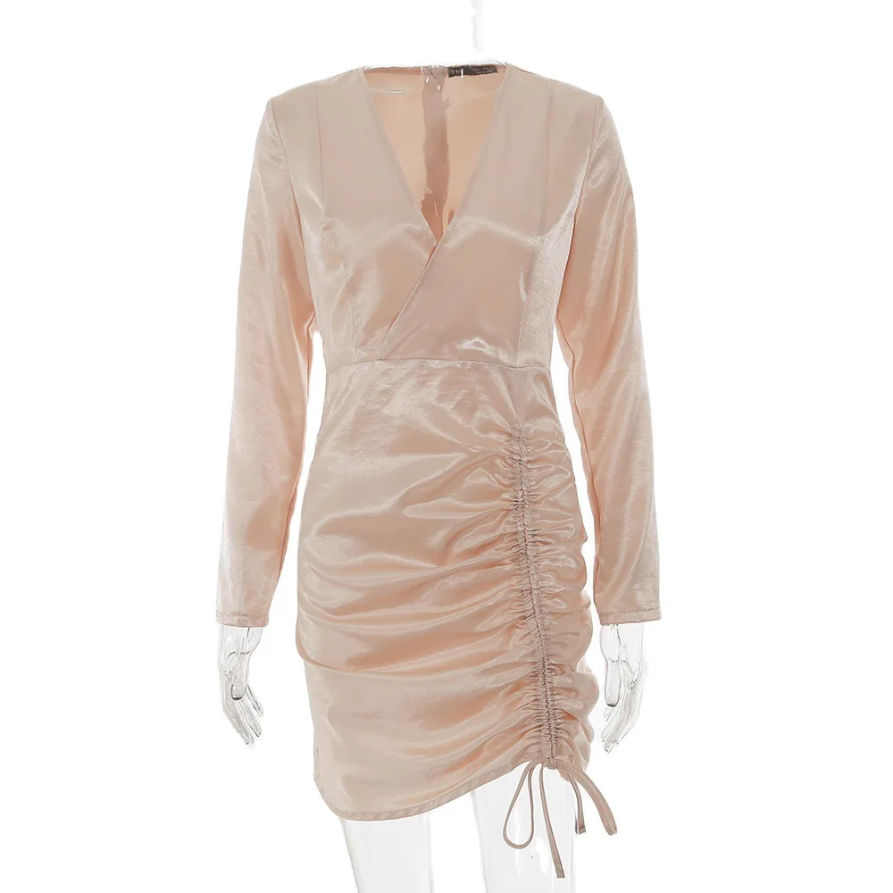 

Spring Ladies Sexy Drawstring Dress Autumn Solid Color V- Neck Short Dresses Long Sleeve Party Mini Club Dress Vestidos