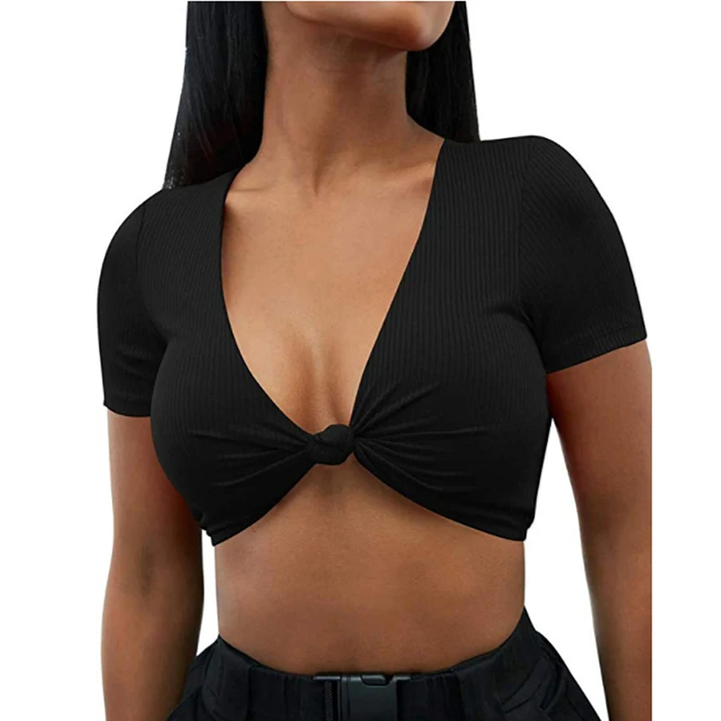 Сексуальный белый топ с глубоким v-образным вырезом узкая облегающая футболка