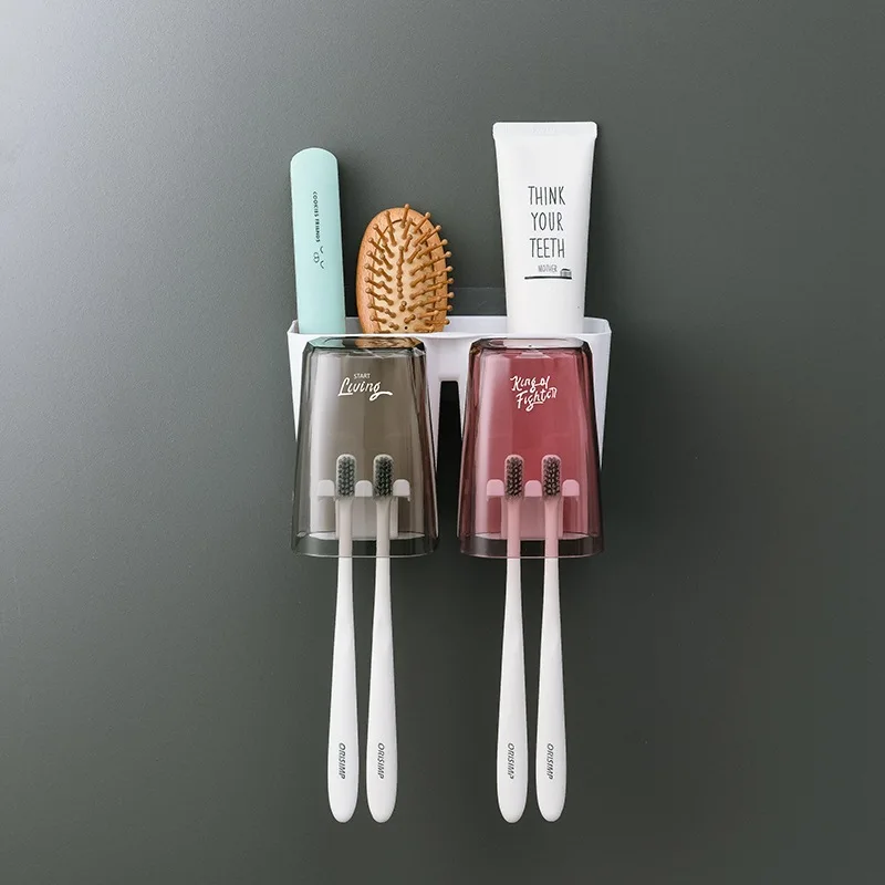 

Fashion Punch-free Toothbrush Holder Bathroom Shelf Plastic Toothbrush Set Toothpaste Squeezing Device Multi-color Storage Shelf