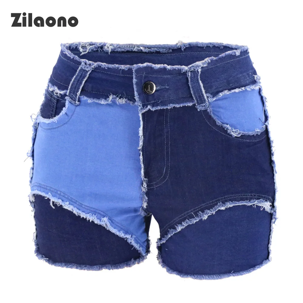 

Summer Women Mid Waisted Shorts Sexy Patchwork Patched Raw Hem Frayed Booty Shorts Distressed Club Butt Lift Skinny Short Jeans