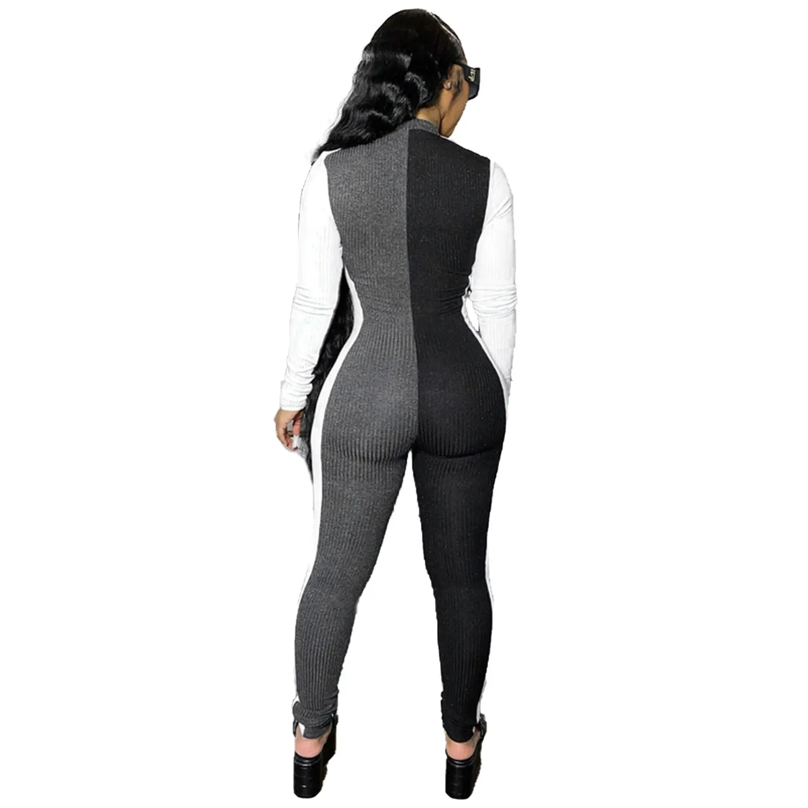 

free shipping Women Fashion Color Block Jumpsuit Casual Long Sleeve Zipper for Ladies Female autumn spring outfit