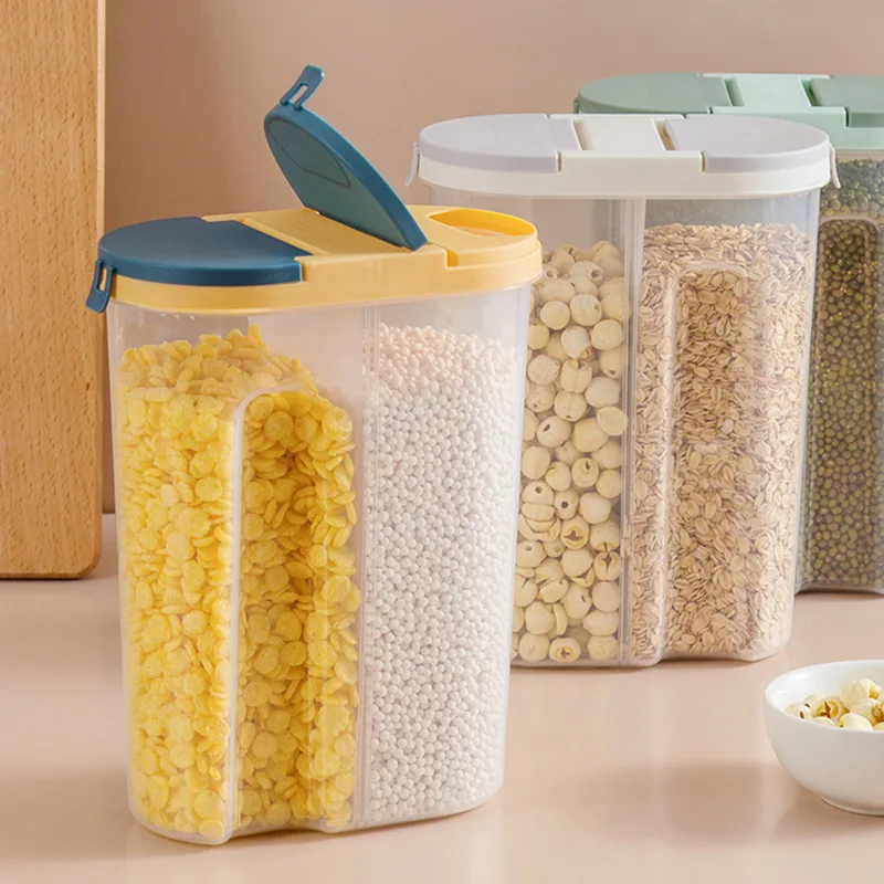 

Double Grid Plastic Food Storage Container Kitchen Cereals Organizer Box Eco Friendly Cookie Snack Jar Lids Dried Grains Tank