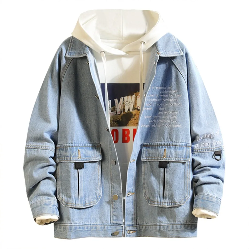 Men'sJackets весна осень поддельные две части Лоскутная джинсовая куртка с капюшоном