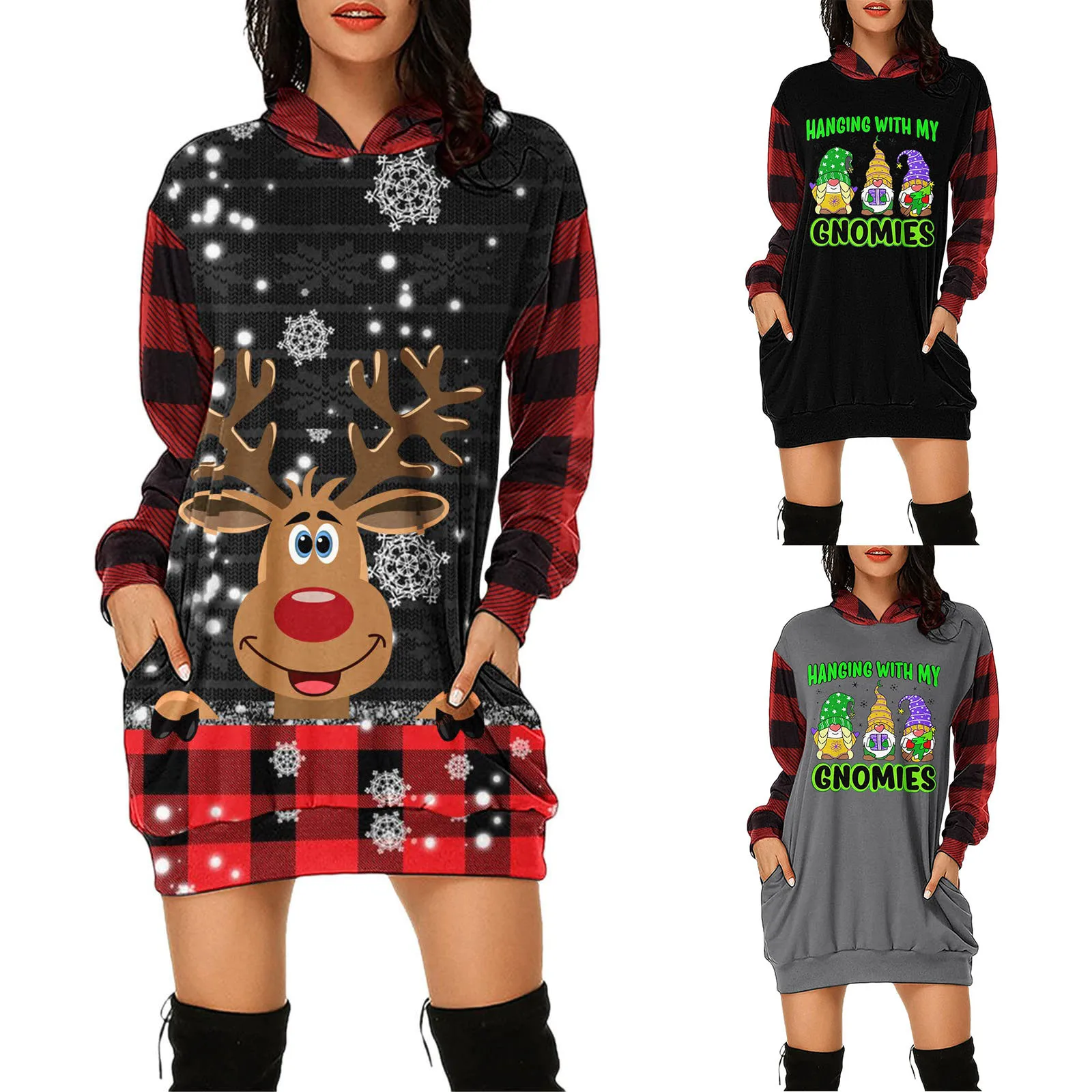 

Женское платье с длинным рукавом, набедренным карманом и принтом