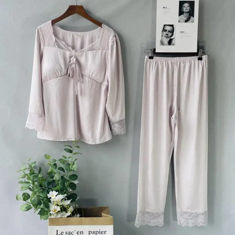 

Lace 2PCS Pajamas Suit Spring New Women Home Clothing Intimate Lingerie Satin Casual Sleep Set Nightwear Long Sleeve Pyjamas