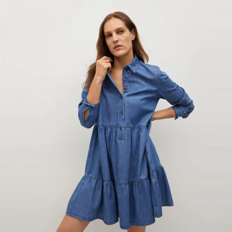 

2021 New Fall Office Casual Long Sleeeve Denim Female loose Single Breasted Turn-down Collar Loose Mini Dress For Women