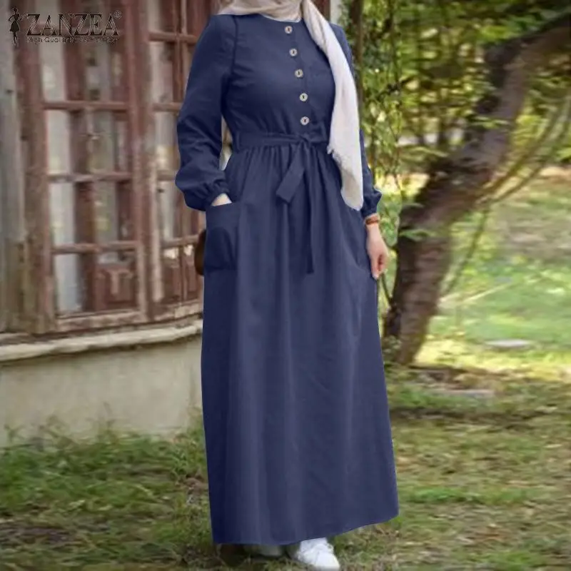 

Kaftan Muslim Solid Button Maxi Robe Women's Demin Blue Sundress ZANZEA 2022 Casual Long Sleeve Shirt Vestidos Female Dress