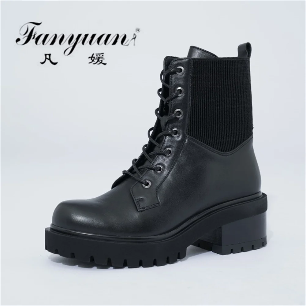 

Fanyuan 2021 Autumn Winter Women Ankle Boots Genuine Leather Neutral Casual Thick Heels Round Toe Zip Shoes Martin Boots Woman
