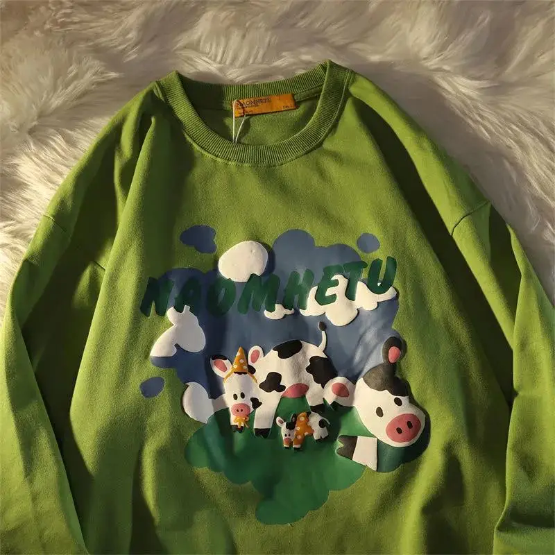 

Cute Cow Print Sweatshirt Goth Teens Clothes O-neck Long Sleeve Tops Korean Fashion Womens Winter Tops Vintage Streetwear 2021