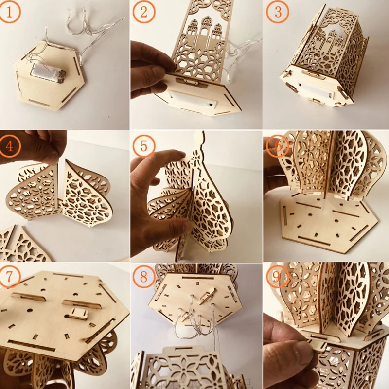 

Wooden DIY Palace LED Night Light Eid Mubarak Decoration Ornament Muslim Wood Lantern Ramadan Decoration