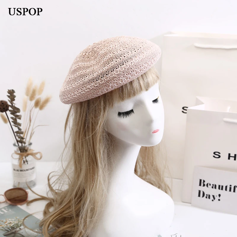 

USPOP 2020 New women hats spring beret casual female solid color cotton linen berets knitted breathable hollow out berets