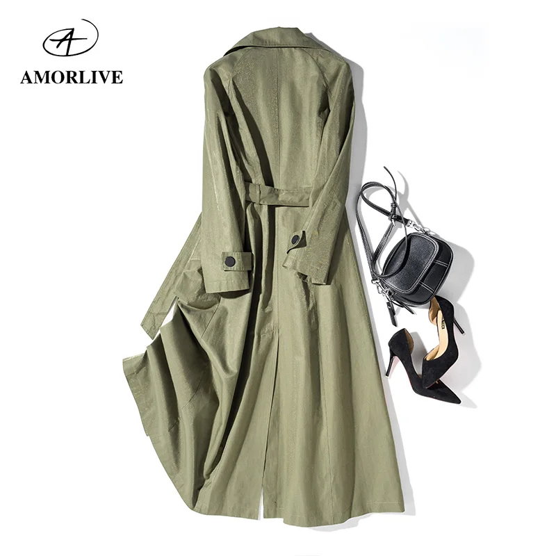 AMOR LIVE Super Long Trench Coat With Belt Waterproof Windproof Drawstring Waist Casual Female Windbreaker Elegant | Женская одежда