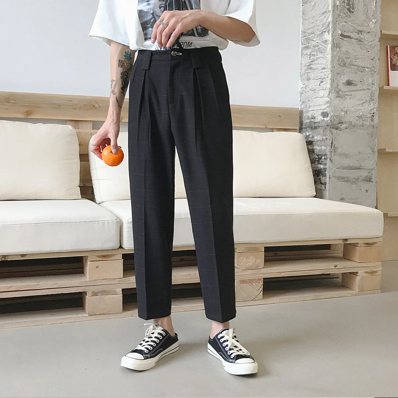 

2021 Men Black Gray Pink Fashion Casual Plaid Suit Pant Male Streetwear Hip Hop Straight Pants Loose Harem Trousers