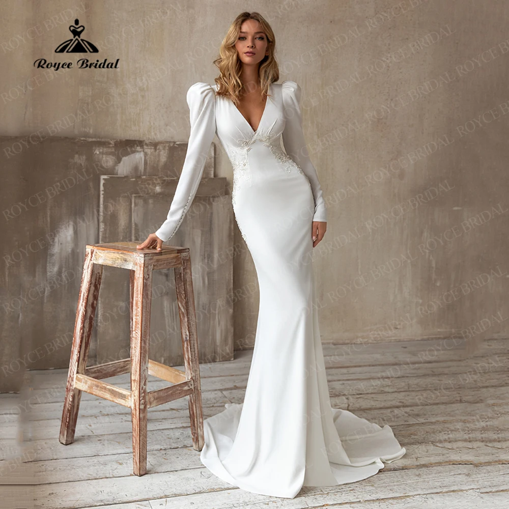 

White Mermaid Ivory Satin Wedding Dress V Neck Puffy Sleeves Bridal Gown Beading Lace Appliques Brides Dress Vestido De Novia