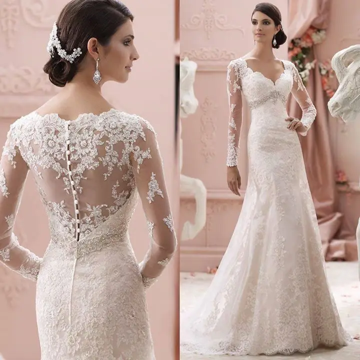 

2015 Full Sleeve Lace Mermaid Sexy Wedding Dresses Fashionable Long Bridal Gowns vestido de festa longo com renda e tule Limited