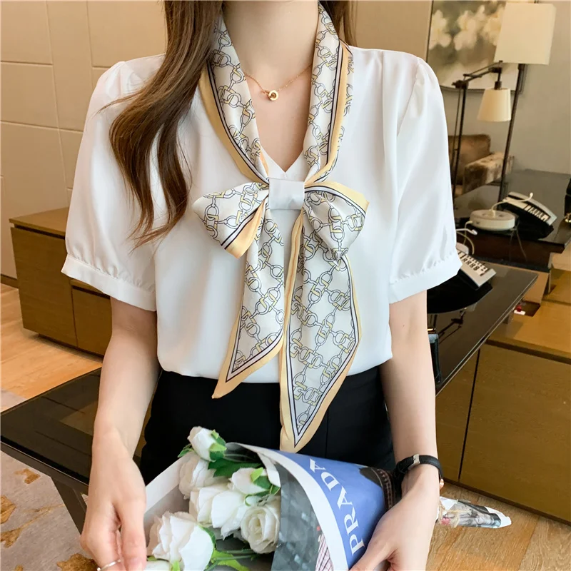 

Chiffon Women Blouses Puff Short Sleeve Print Ribbon Scarves Design Office Lady Shirts Female Bow Blusas Mujer Korean Chic