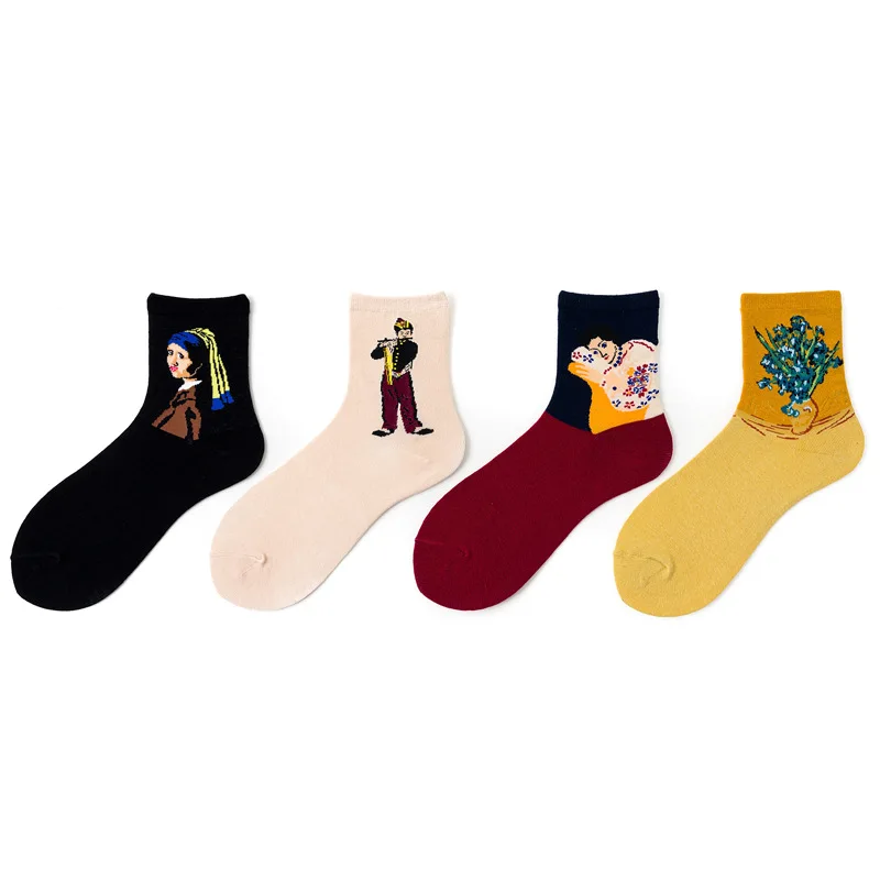 4 Pairs/lot Van Gogh Art Oil Paint Cotton Socks Cartoon Streetwear Kawaii Short Socks Happy Women Warm Funny Cute Socks