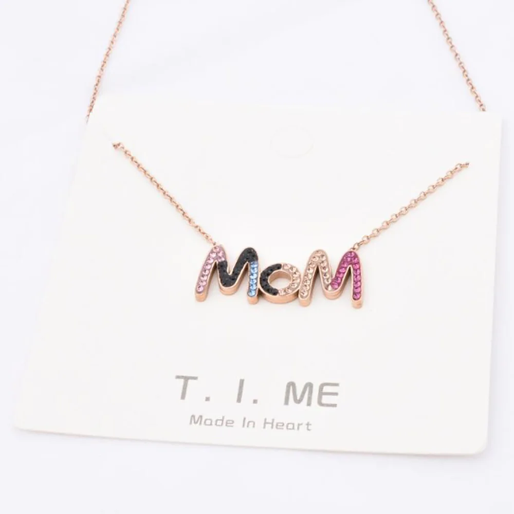 Stainless Steel Rose Gold Mother Days MOM Pendant Necklace Crystal Cz Stone Mom Minimalism Necklaces For Him | Украшения и